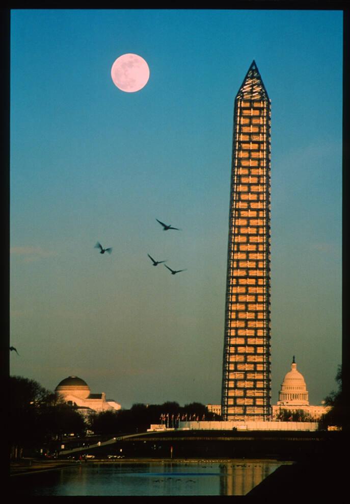 Washington Monument Under Scaffold with Moon