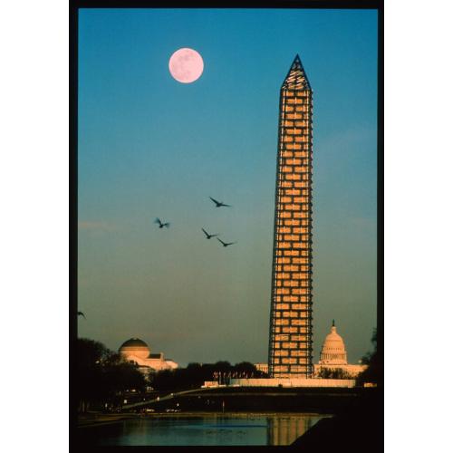 Washington Monument Under Scaffold with Moon