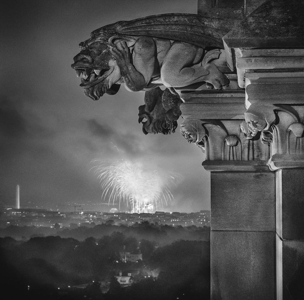 Gargoyles with Fireworks, National Cathedral